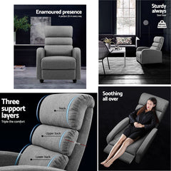 Artiss Luxury Recliner Chair Chairs Lounge Armchair Sofa Fabric Cover Grey.