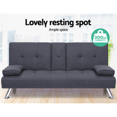Artiss Linen Fabric 3 Seater Sofa Bed Recliner Lounge Couch Cup Holder Futon Dark Grey.