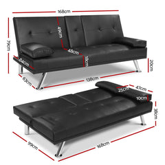 Artiss Sofa Bed Lounge Futon Couch 3 Seater Leather Cup Holder Recliner.
