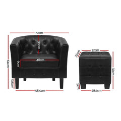 Artiss Armchair Lounge Chair Ottoman Tub Accent Chairs PU Leather Sofa Armchairs Black.