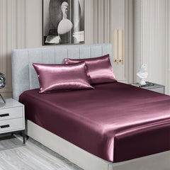 Royal Comfort Satin Sheet Set 3 Piece Fitted Sheet Pillowcase Soft - Queen - Malaga Wine