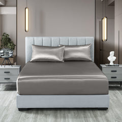 Royal Comfort Satin Sheet Set 3 Piece Fitted Sheet Pillowcase Soft - Queen - Charcoal