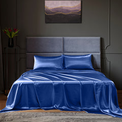 Royal Comfort Satin Sheet Set 4 Piece Fitted Flat Sheet Pillowcases - Queen - Navy Blue