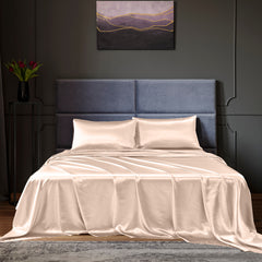 Royal Comfort Satin Sheet Set 4 Piece Fitted Flat Sheet Pillowcases - King - Champagne Pink
