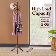 Brown Coat Rack with Stand Wooden Hat and 9 Hooks Hanger Walnut tree