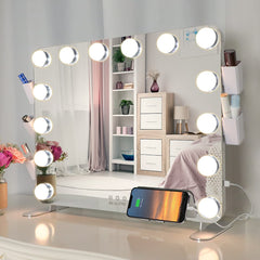 Hollywood Makeup Vanity Mirror with LED Lights, USB charging and Detachable 10X Magnification Mirror (Silver, 66 x 48 cm)