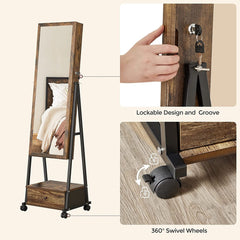SONGMICS Lockable Jewelry Cabinet Floor Standing on Wheels with Mirror Rustic Brown JJC004X01