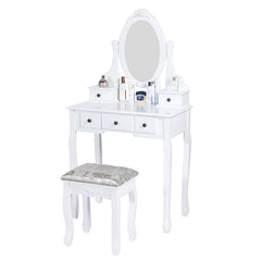Carved Dressing Vanity Table Set with Mirror & Stool- White