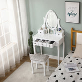 Carved Dressing Vanity Table Set with Mirror & Stool- White