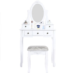 Carved Dressing Vanity Table Set with Mirror & Stool- White