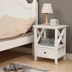 2-tier Bedside Table with Storage Drawer 2 PC – Rustic White