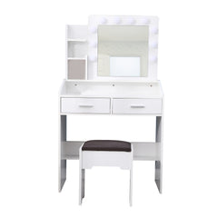 Diana Vanity Set with Shelves Cushioned Stool and Lighted Mirror- White