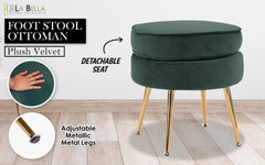 La Bella Green Round Ottoman Foot Stool Velvet Fabric Metal Leg