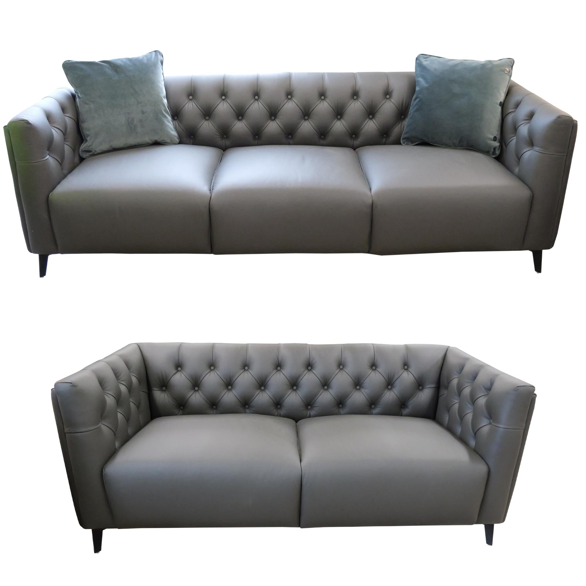Luxe 2pc Genuine Forli Leather Sofa Set 2.5-3.5 Seater Lounge Couch -Dark Grey.