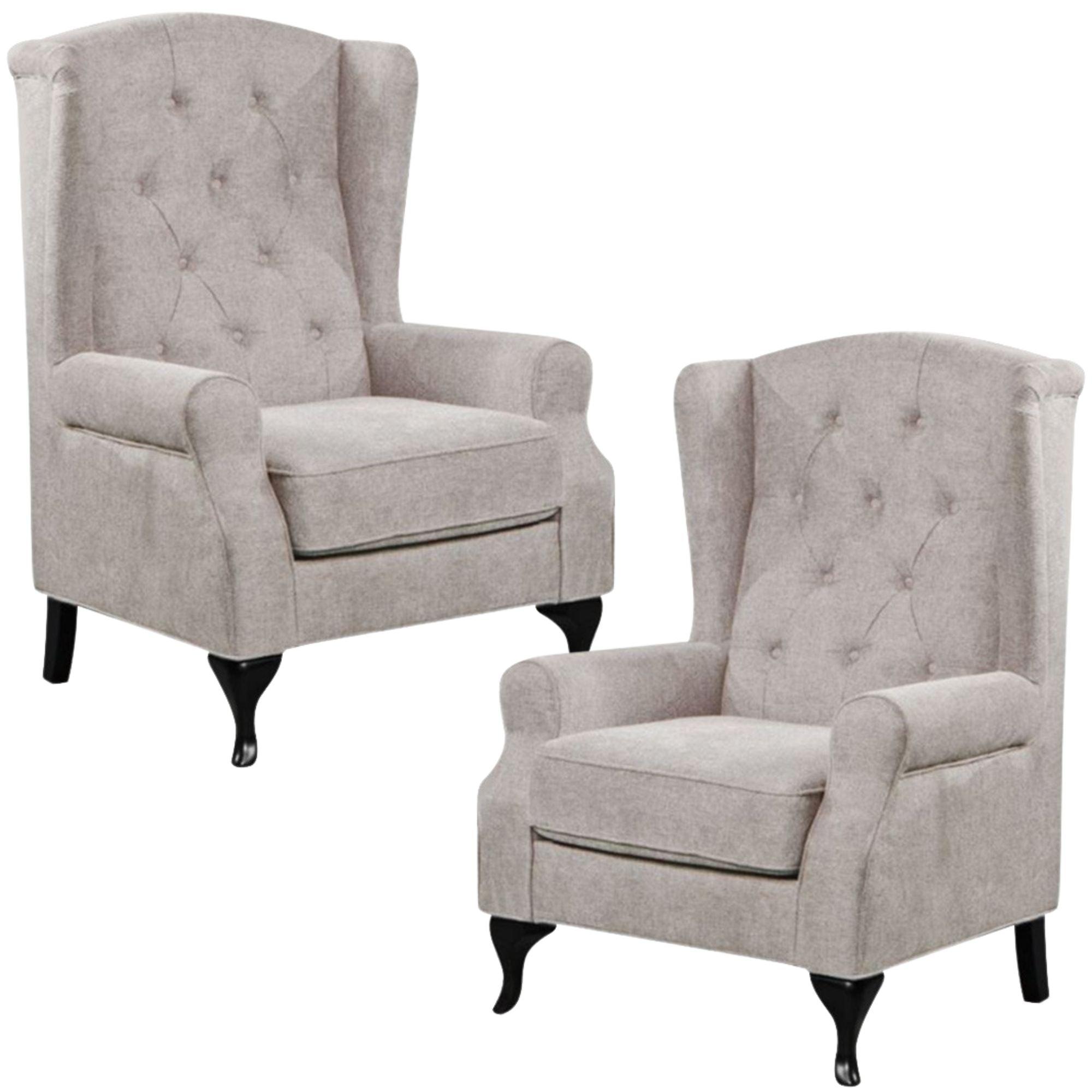 Mellowly Set of 2 Wing Back Chair Sofa Fabric Chesterfield Armchair - Beige.