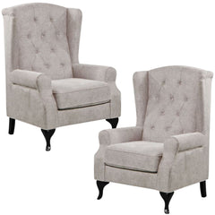 Mellowly Set of 2 Wing Back Chair Sofa Fabric Chesterfield Armchair - Beige.
