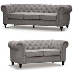 Mellowly 3 + 2 Seater Sofa Fabric Uplholstered Chesterfield Lounge Couch - Grey.