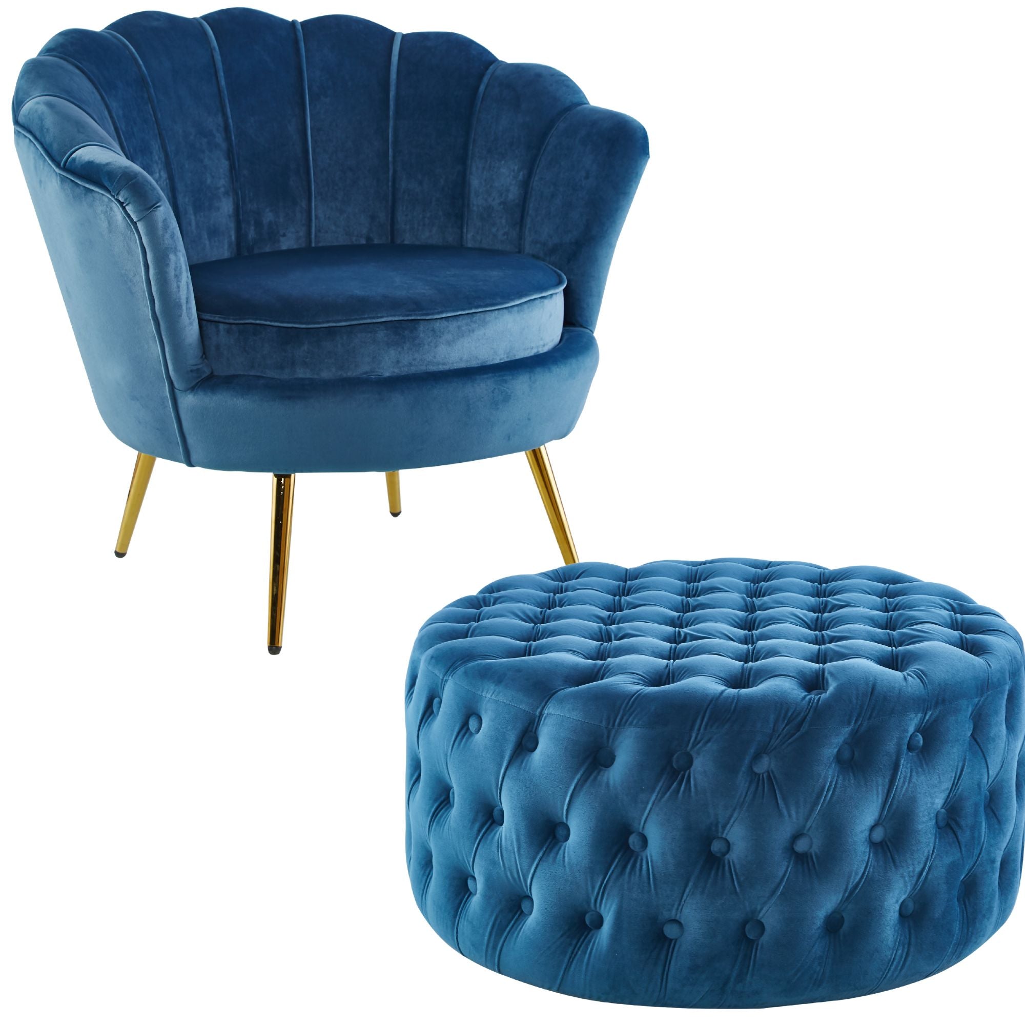 Bloomer Velvet Fabric Accent Sofa Love Chair Round Ottoman Set - Blue.