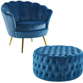 Bloomer Velvet Fabric Accent Sofa Love Chair Round Ottoman Set - Blue.