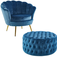 Bloomer Velvet Fabric Accent Sofa Love Chair Round Ottoman Set - Blue.
