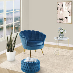 Bloomer Velvet Fabric Accent Sofa Love Chair Round Ottoman Set - Blue.
