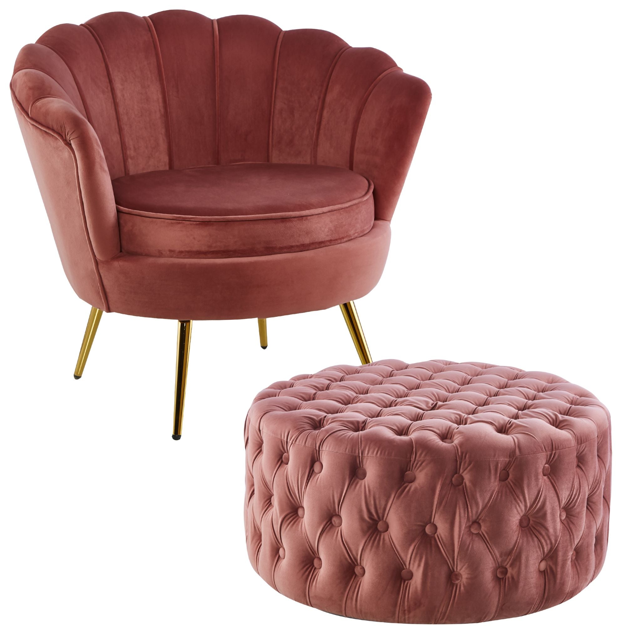 Bloomer Velvet Fabric Accent Sofa Love Chair Round Ottoman Set - Rose Pink.