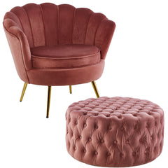 Bloomer Velvet Fabric Accent Sofa Love Chair Round Ottoman Set - Rose Pink.