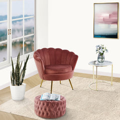 Bloomer Velvet Fabric Accent Sofa Love Chair Round Ottoman Set - Rose Pink.