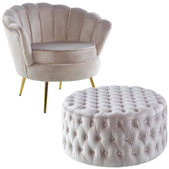 Bloomer Velvet Fabric Accent Sofa Love Chair Round Ottoman Set - Beige.