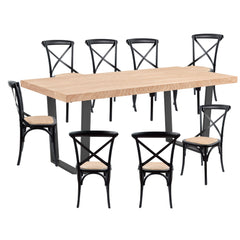 Petunia 9pc 210cm Dining Table Set 8 Cross Back Chair Elm Timber Wood Metal Leg