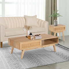 Olearia Bedside Table 1 Drawer Storage Cabinet Solid Mango Wood Rattan Natural