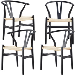 Anemone Set of 4 Wishbone Dining Chair Beech Timber Replica Hans Wenger - Black