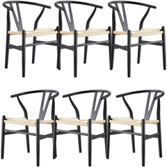 Anemone Set of 6 Wishbone Dining Chair Beech Timber Replica Hans Wenger - Black