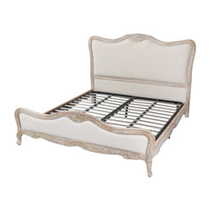 King Size Bed Frame Linen Fabric Beige Oak Wood White Washed Finish Slat Base Mattress Support