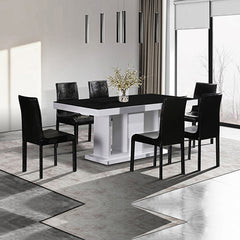 7 Pieces Dining Suite Dining Table & 6X Black Chairs in Rectangular Shape High Glossy MDF Wooden Base Combination of Black & White Colour