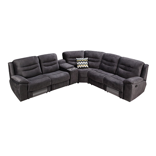 5 Seater Corner Couch Velvet Grey Fabric Recliner Sofa Lounge Set with Quilted Back Cushions.