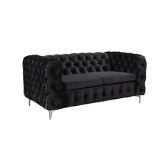 3+2 Seater Sofa Classic Button Tufted Lounge in Black Velvet Fabric with Metal Legs.