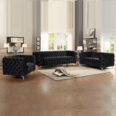 3+2+1 Seater Sofa Classic Button Tufted Lounge in Black Velvet Fabric with Metal Legs.