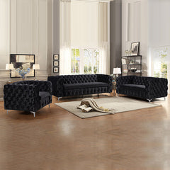 3+2+1 Seater Sofa Classic Button Tufted Lounge in Black Velvet Fabric with Metal Legs.