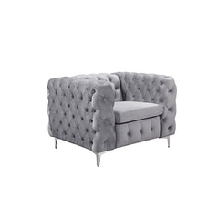 3+2+1 Seater Sofa Classic Button Tufted Lounge in Grey Velvet Fabric with Metal Legs.