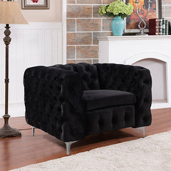 Single Seater Black Sofa Classic Armchair Button Tufted in Velvet Fabric with Metal Legs.