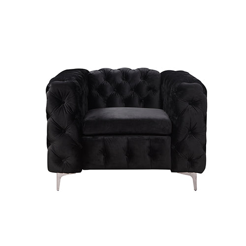 Single Seater Black Sofa Classic Armchair Button Tufted in Velvet Fabric with Metal Legs.
