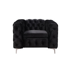Single Seater Black Sofa Classic Armchair Button Tufted in Velvet Fabric with Metal Legs.