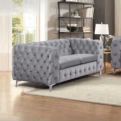 2 Seater Sofa Classic Button Tufted Lounge in Grey Velvet Fabric with Metal Legs.