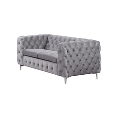 2 Seater Sofa Classic Button Tufted Lounge in Grey Velvet Fabric with Metal Legs.
