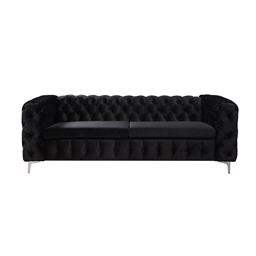 3 Seater Sofa Classic Button Tufted Lounge in Black Velvet Fabric with Metal Legs.
