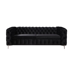 3 Seater Sofa Classic Button Tufted Lounge in Black Velvet Fabric with Metal Legs.