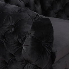 3 Seater Sofa Classic Button Tufted Lounge in Black Velvet Fabric with Metal Legs.
