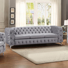 3 Seater Sofa Classic Button Tufted Lounge in Grey Velvet Fabric with Metal Legs.