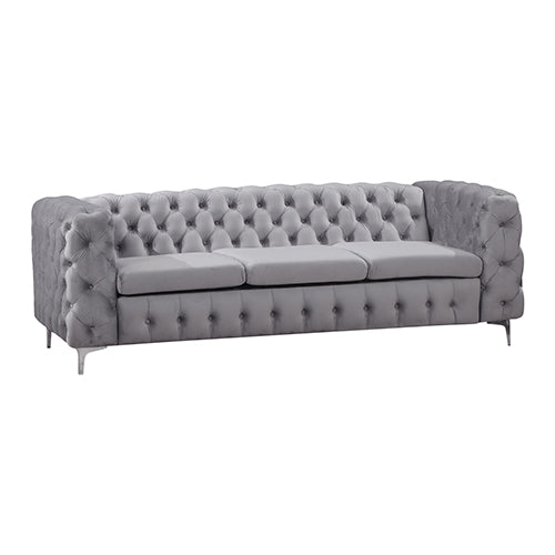 3 Seater Sofa Classic Button Tufted Lounge in Grey Velvet Fabric with Metal Legs.